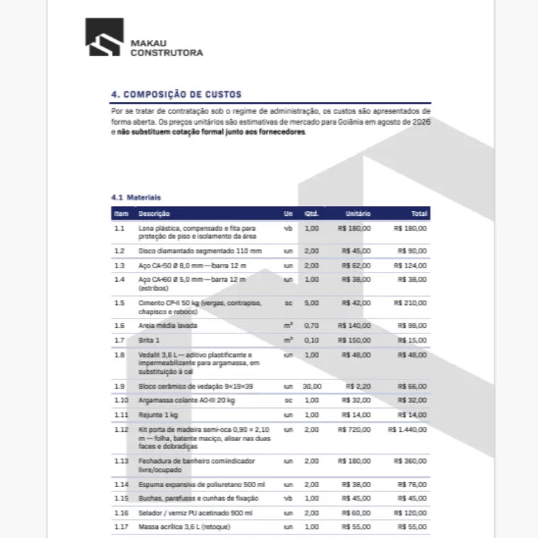 Planilha de composição de custos de obra da Makau Construtora